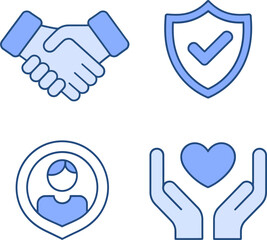 Mutual protection icons featuring double handshake, verified profiles, user approval and open-heart secure care.