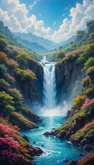 A natural waterfall cascades through a mountain forest