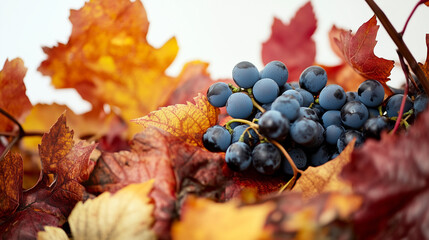 Blue grapes among autumn leaves in natural environment