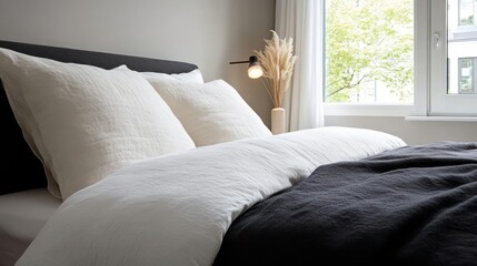 Cozy Bedroom Interior Featuring White Fluffy Pillows Dark Gray Blanket and Natural Daylight