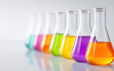 Colorful test tubes filled with vibrant liquids are arranged in lab setting creating visually appealing scientific scene with bright colors and clear glass tubes