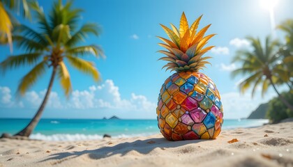A bejeweled pineapple sits on a tropical beach with coconut trees under a clear blue sky by the sea.