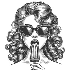 woman wearing cat-eye sunglasses and pearls, holding ice cream in a stylish pose sketch engraving generative ai fictional character raster illustration. Scratch board imitation. Black and white image.
