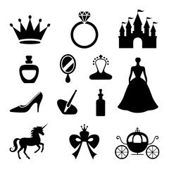Collection of princess themed icons including a crown, ring, castle, and unicorn design © Amintees