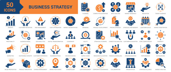Fototapeta premium Business Strategy icon collection set. Containing project plan, competitive advantage, swot analysis, market research, business innovation, decision-making, long term goals icon. Simple flat vector