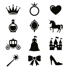 Collection of fairytale themed icons including crown ring heart and more in black silhouette