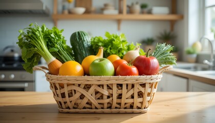 Fresh organic vegetables and fruit in a basket for a healthy diet