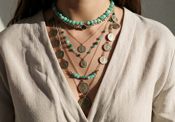 Multiple boho necklaces layered over a linen blouse , featuring coins, charms, and natural stones.