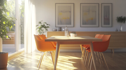 Bright modern dining area with orange furniture, showcasing warm and inviting atmosphere
