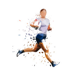 Rugby, woman running with ball, side view. Isolated low polygonal vector illustration, polygonal drawing with distortion effect. Team sport athlete clipart