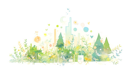 Watercolor illustration depicting a vibrant landscape with trees, abstract shapes, and colorful elements, creating a harmonious blend of nature and creativity in a serene environment