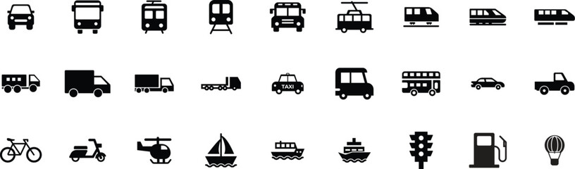 Set of black transportation icons in flat silhouette style © Imam