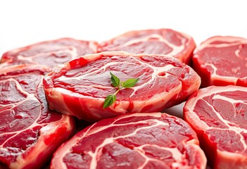 Several thick-cut raw ribeye steaks, marbled fat, isolated,   butchery,  restaurant