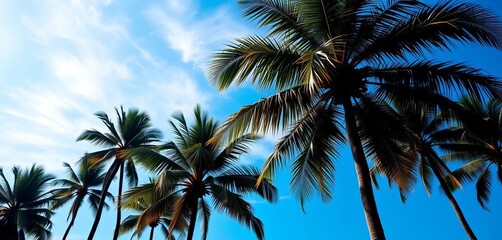 Fototapeta premium Several majestic palm trees silhouetted against a vibrant blue sky, leaves, caribbean