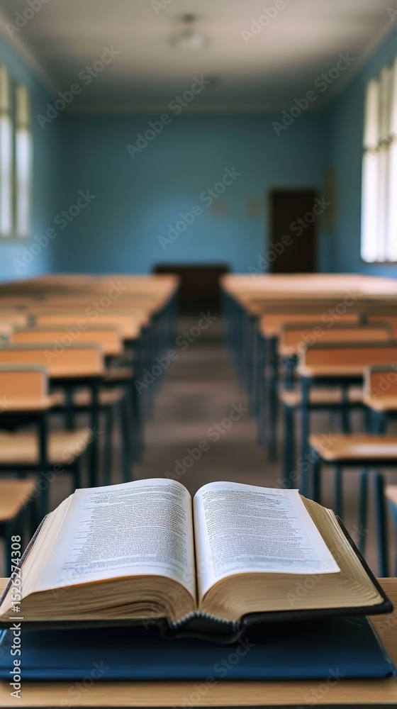 Poster Open book is lying on a desk in the foreground of an empty classroom, evoking the concept of back to school and the importance of education