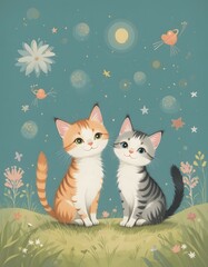 A cute domestic kitten with striking eyes and soft fur watches a mouse in the green garden grass