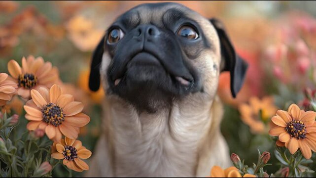 A charming pug with expressive eyes poses among orange flowers.