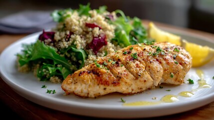 Grilled Chicken Breast with Quinoa Salad and Lemon Garnish