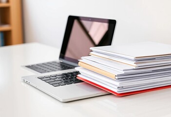 Sleek laptop with neatly stacked folders on a pristine white table, study, electronic