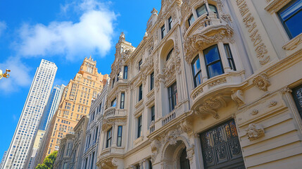 Victorian charm meets modern heights A blend of architectural eras under a vibrant blue sky showcasing rich detail in