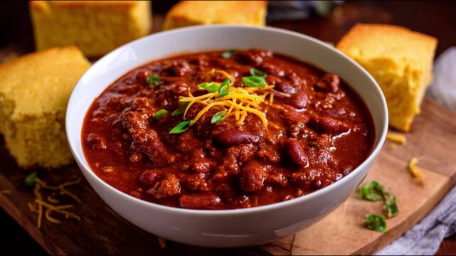 A delicious bowl of chili served with cornbread.