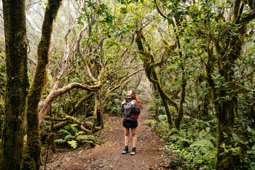 Obraz premium Woman Hiking Through Lush Greenery on the Anaga Park Trail in Tenerife, Canary Islands