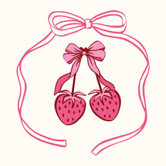 Coquette cherry, strawberry, heart with bow. A charming collection of doodle line art featuring romantic berries and sweet symbols, perfect for Valentine's Day designs, greeting cards and  invitations