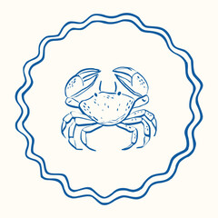 Whimsical doodle hand-drawn summer illustrations, line art sketch style. Nautical crab emblems, vintage Mediterranean seafood labels, coastal restaurant decor, sea life prints. Vector isolated