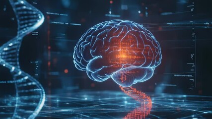 Digital brain with DNA helix, futuristic technology concept - Powered by Adobe