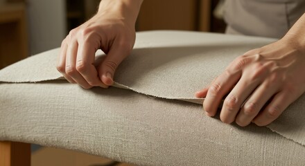 Close-up of hands upholstering a chair seat with light natural fabric. Furniture restoration and DIY home improvement project. Artisan crafting handmade furniture.