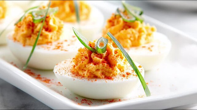 Delicious deviled eggs are artfully arranged on a serving platter.
