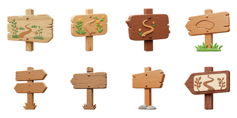 Charming cartoon wooden signs guide adventurers on scenic trails rendered with a playful 3D design
