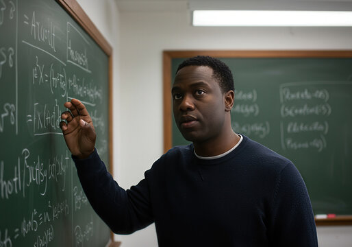 Black male college professor stands beside a chalkboard filled with philosophy notes
