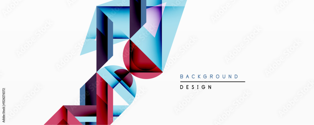 Poster abstract geometric design features layered shapes, vibrant colors. blue, purple, red gradients creat