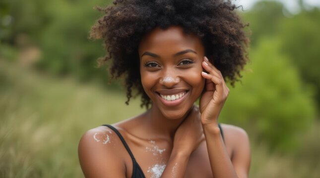 Eco-friendly skincare: young woman applying sunscreen for outdoor activities