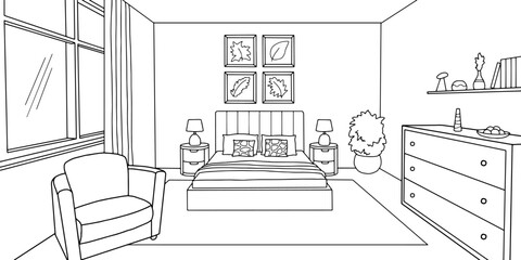 Bedroom graphic black white home interior sketch illustration vector 