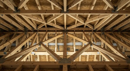 Intricate Wooden Roof Trusses and Framing System During New Home Construction. Interior View of Unfinished Attic Space.
