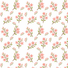 Flat style background depicting a branch of cherry blossom with two pink flowers, several buds and green leaves on a brown stem.