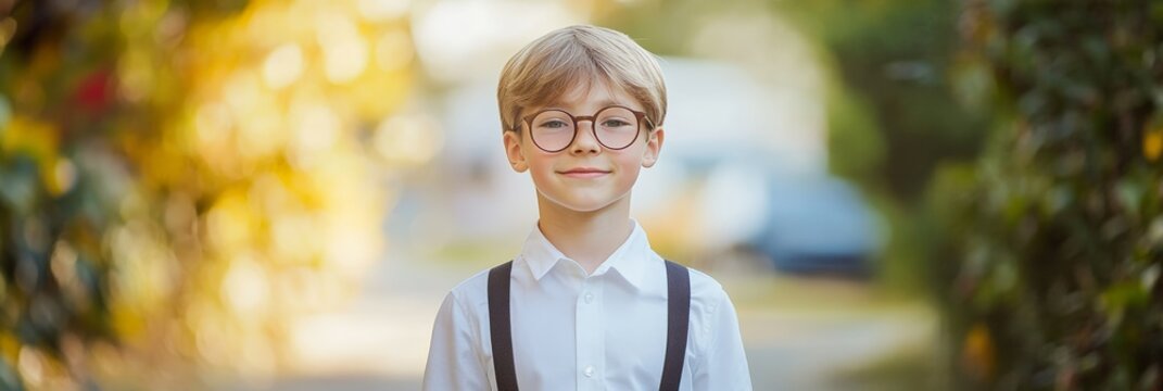 Portrait of a cheerful elementary school student wearing round eyeglasses and suspenders, smiling confidently on his way back to school on a sunny autumn day