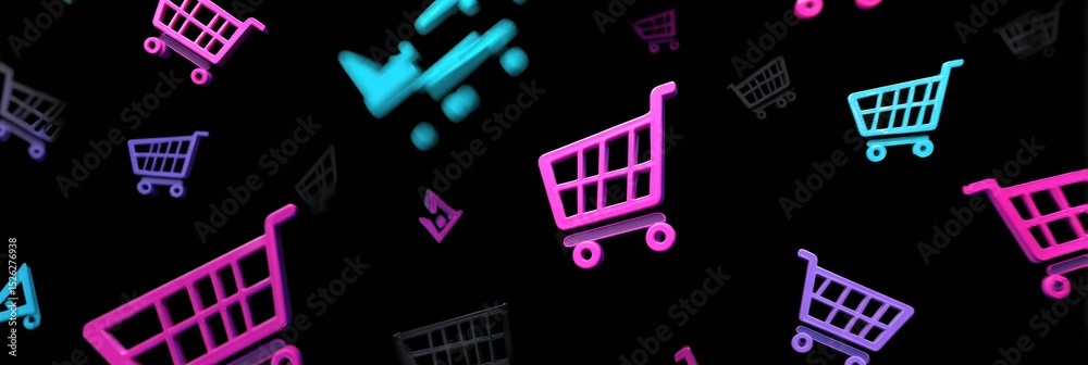 Poster animated icons crawl over shopping cart page depicting online shopping activity with blank left side