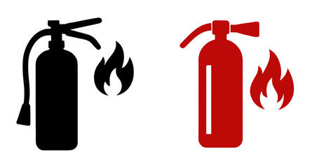 Fire extinguisher icons in black and red with flames on a transparent background for safety use
