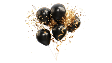 Black and gold balloons with confetti for a festive celebration or event decoration