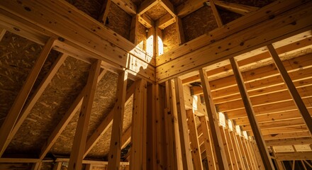 Interior view of wooden house framing under construction. Sunlight streams through the unfinished structure, highlighting the beams and studs.
