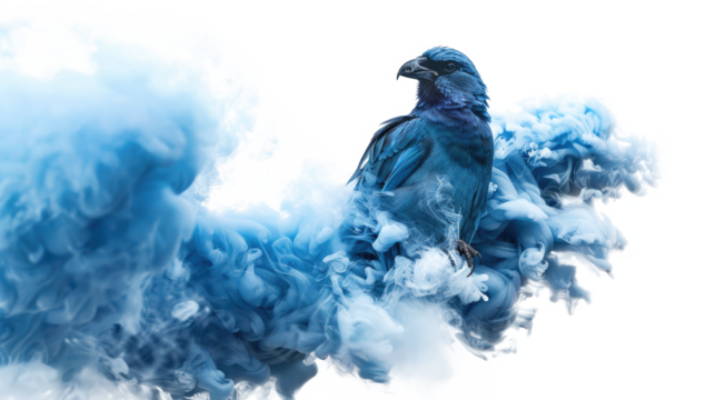Vibrant blue bird perched against a swirling cloud of blue smoke on a transparent background - Powered by Adobe