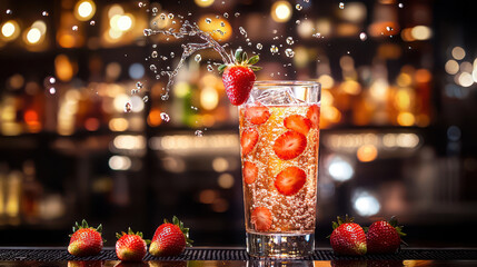 Refreshing strawberry drink with ice and splash effect, garnished with fresh strawberries, set against a vibrant bar backdrop