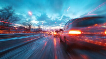 Motion Blurred Car Traveling On The Highway At Night With Streaks Of Light And City Lights