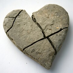 Abstract symbol of human insensitivity shown through a textured stone heart photographed against a minimalist white background