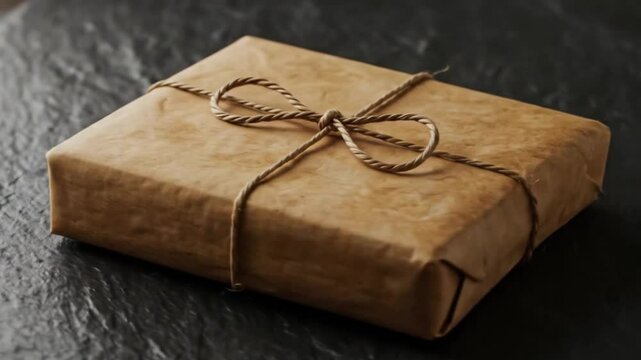A rectangular gift wrapped in brown paper and tied with twine on a dark textured surface seen closely