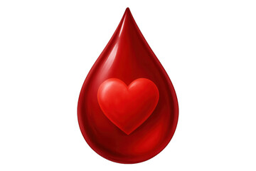 Blood donation concept showing glossy red heart resting on bright crimson blood drop, symbolizing compassionate health generosity against transparent backdrop