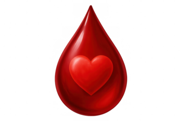 Blood donation concept showing glossy red heart resting on bright crimson blood drop, symbolizing compassionate health generosity against transparent backdrop